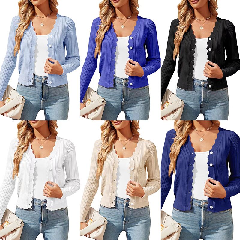Custom Clothing Ladies V-Neck Knitted Cardigan Sweaters Solid Pattern Spring Button Flat Knitted Stylish Office Lady