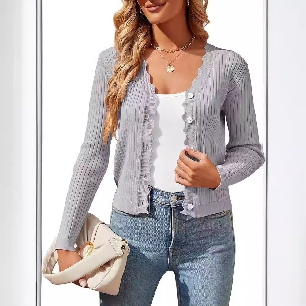 Custom Clothing Ladies V-Neck Knitted Cardigan Sweaters Solid Pattern Spring Button Flat Knitted Stylish Office Lady