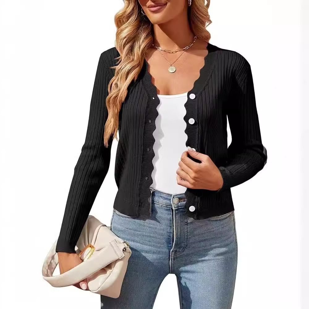 Custom Clothing Ladies V-Neck Knitted Cardigan Sweaters Solid Pattern Spring Button Flat Knitted Stylish Office Lady
