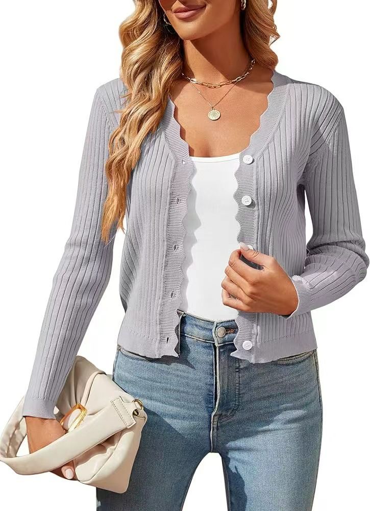 Custom Clothing Ladies V-Neck Knitted Cardigan Sweaters Solid Pattern Spring Button Flat Knitted Stylish Office Lady