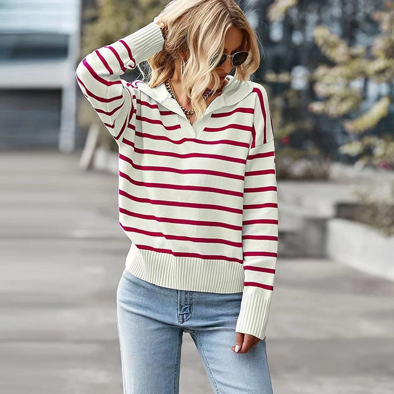 Custom Logo Oem Spring Fashion Cotton Knit Striped Sweater Polo Essentials Sweater Women