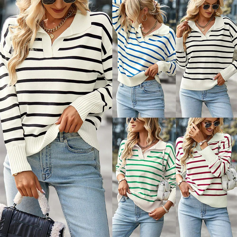 Custom Logo Oem Spring Fashion Cotton Knit Striped Sweater Polo Essentials Sweater Women