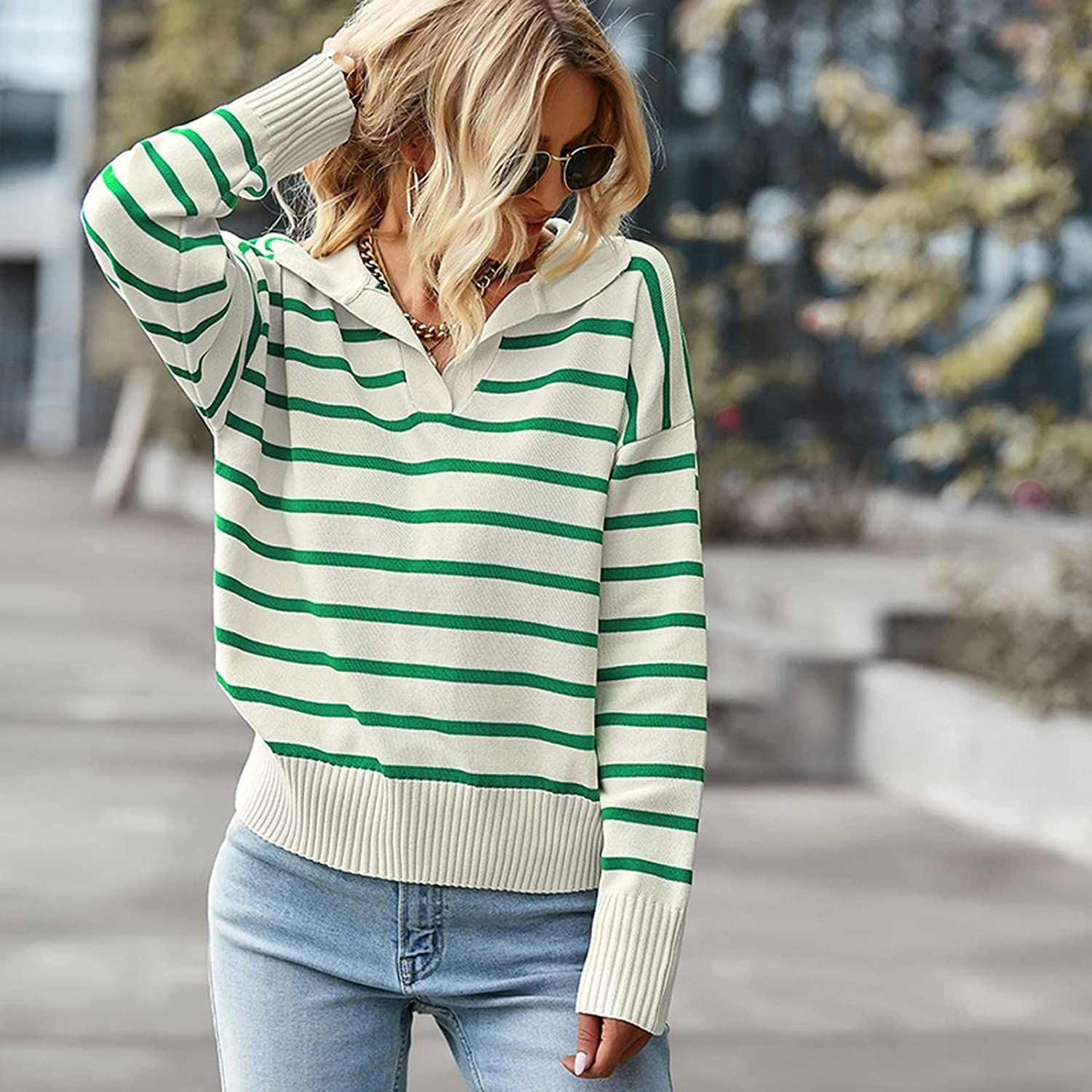 Custom Logo Oem Spring Fashion Cotton Knit Striped Sweater Polo Essentials Sweater Women