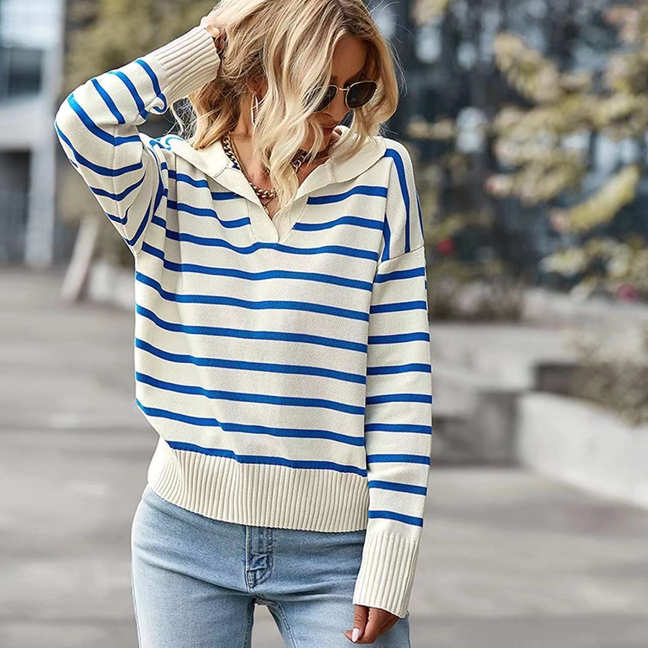 Custom Logo Oem Spring Fashion Cotton Knit Striped Sweater Polo Essentials Sweater Women