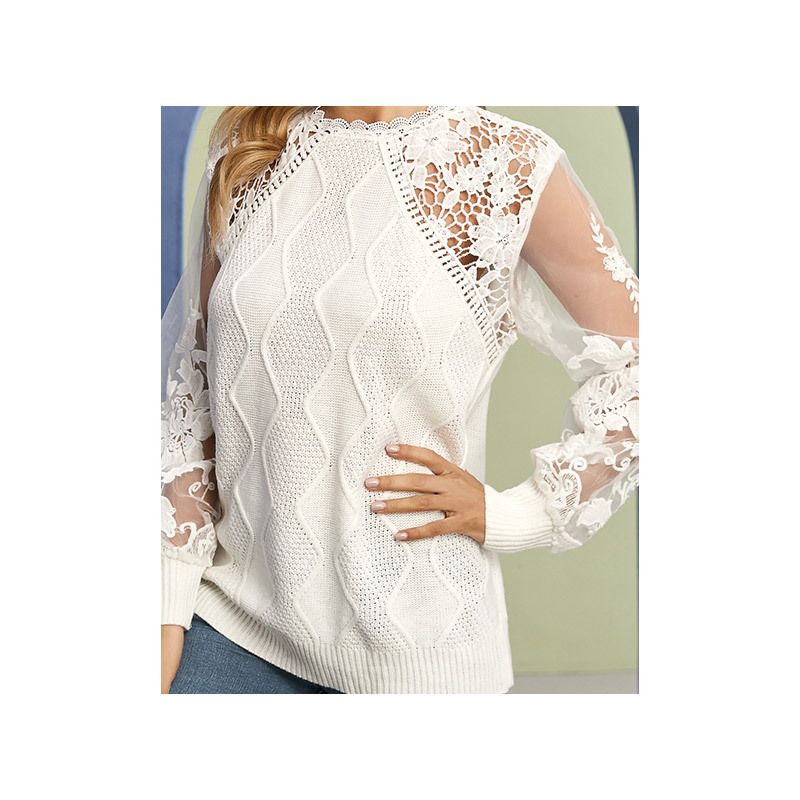Casual lace lantern sleeves elegant knitted sweater tops for women trend good quality women fashion clothing