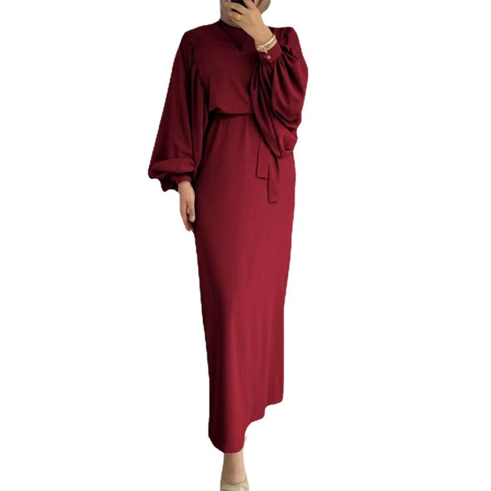 Basic Solid Color Round Neck Long Sleeve Loose Belt Temperament Commutesimple Muslim Wom