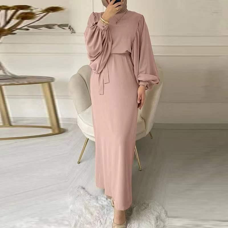 Basic Solid Color Round Neck Long Sleeve Loose Belt Temperament Commutesimple Muslim Wom