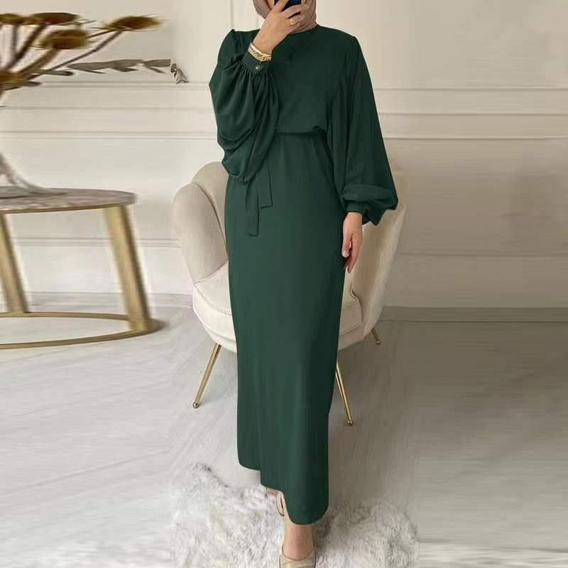 Basic Solid Color Round Neck Long Sleeve Loose Belt Temperament Commutesimple Muslim Wom