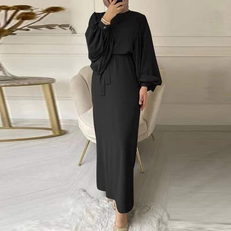 Basic Solid Color Round Neck Long Sleeve Loose Belt Temperament Commutesimple Muslim Wom