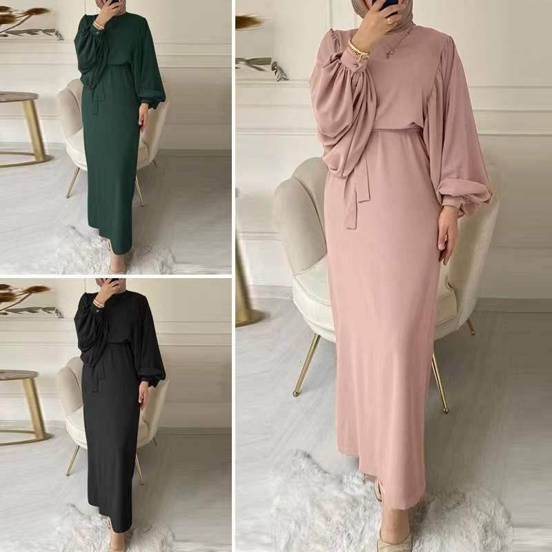 Basic Solid Color Round Neck Long Sleeve Loose Belt Temperament Commutesimple Muslim Wom
