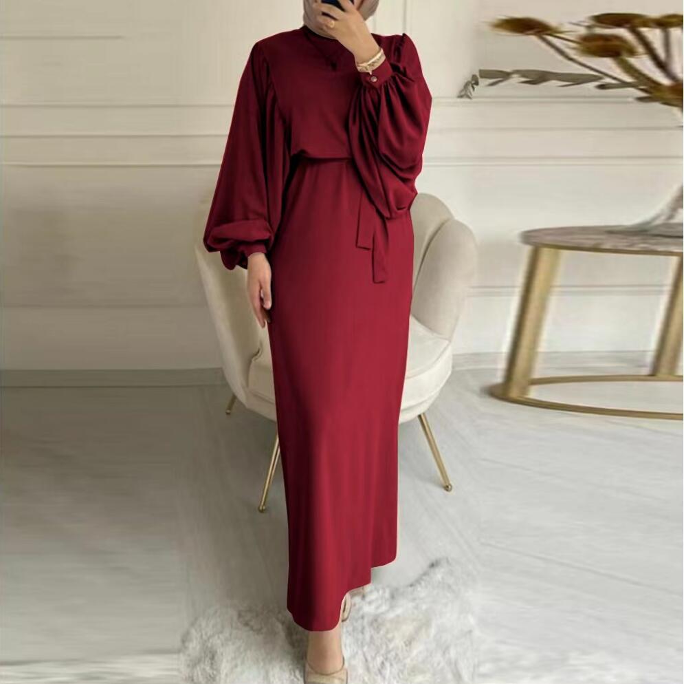 Basic Solid Color Round Neck Long Sleeve Loose Belt Temperament Commutesimple Muslim Wom