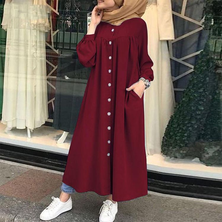 HotSale Summer Products Plus Size Abaya Muslim Dresses Women's Muslim Long Sleeved Shirt Dress Casual Pocket Robe Bandage