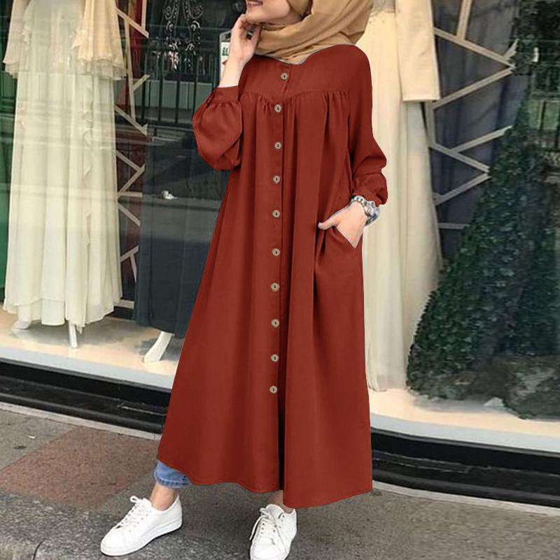 HotSale Summer Products Plus Size Abaya Muslim Dresses Women's Muslim Long Sleeved Shirt Dress Casual Pocket Robe Bandage