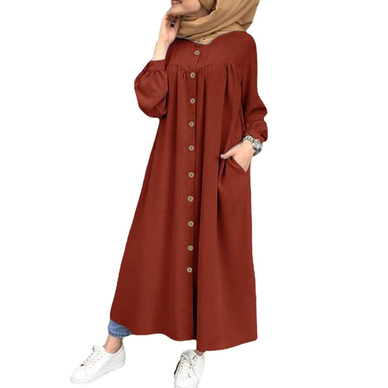 HotSale Summer Products Plus Size Abaya Muslim Dresses Women's Muslim Long Sleeved Shirt Dress Casual Pocket Robe Bandage
