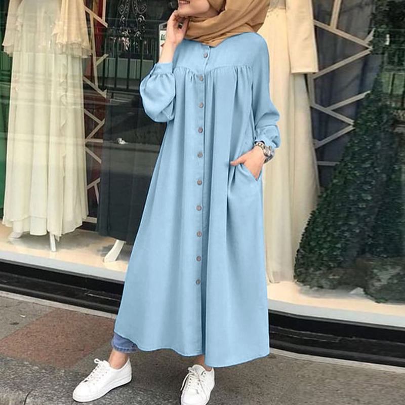 HotSale Summer Products Plus Size Abaya Muslim Dresses Women's Muslim Long Sleeved Shirt Dress Casual Pocket Robe Bandage