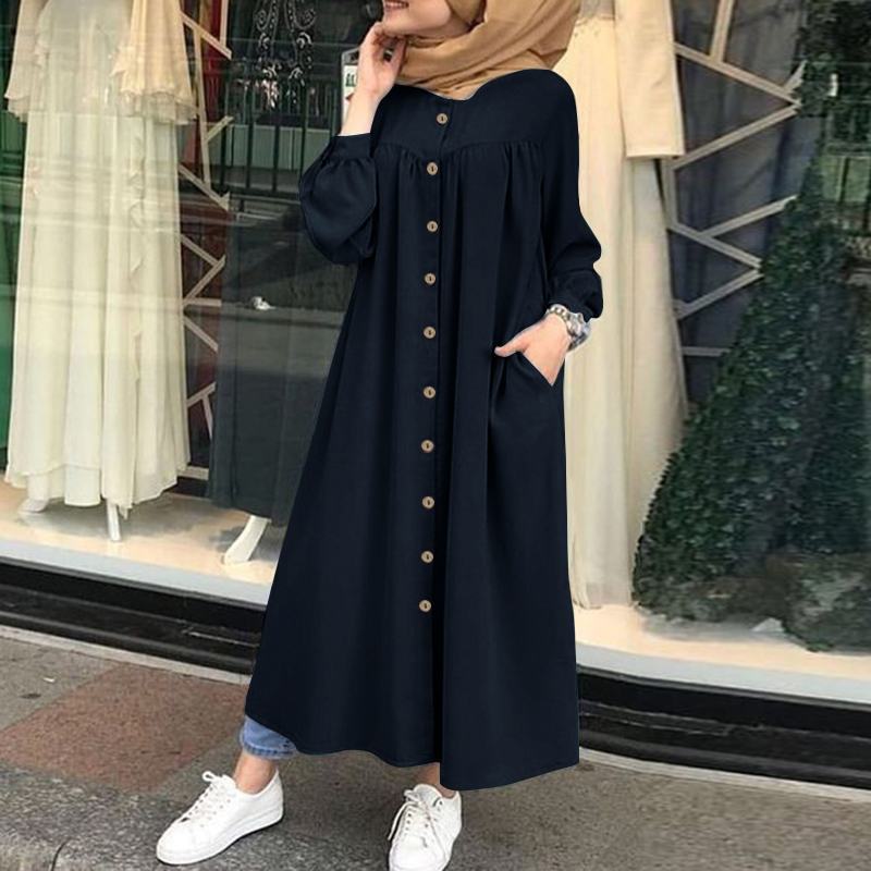 HotSale Summer Products Plus Size Abaya Muslim Dresses Women's Muslim Long Sleeved Shirt Dress Casual Pocket Robe Bandage