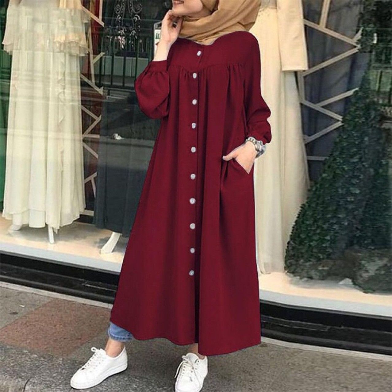 HotSale Summer Products Plus Size Abaya Muslim Dresses Women's Muslim Long Sleeved Shirt Dress Casual Pocket Robe Bandage