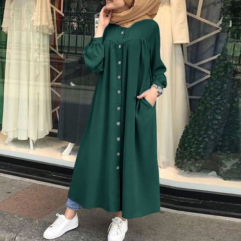 HotSale Summer Products Plus Size Abaya Muslim Dresses Women's Muslim Long Sleeved Shirt Dress Casual Pocket Robe Bandage