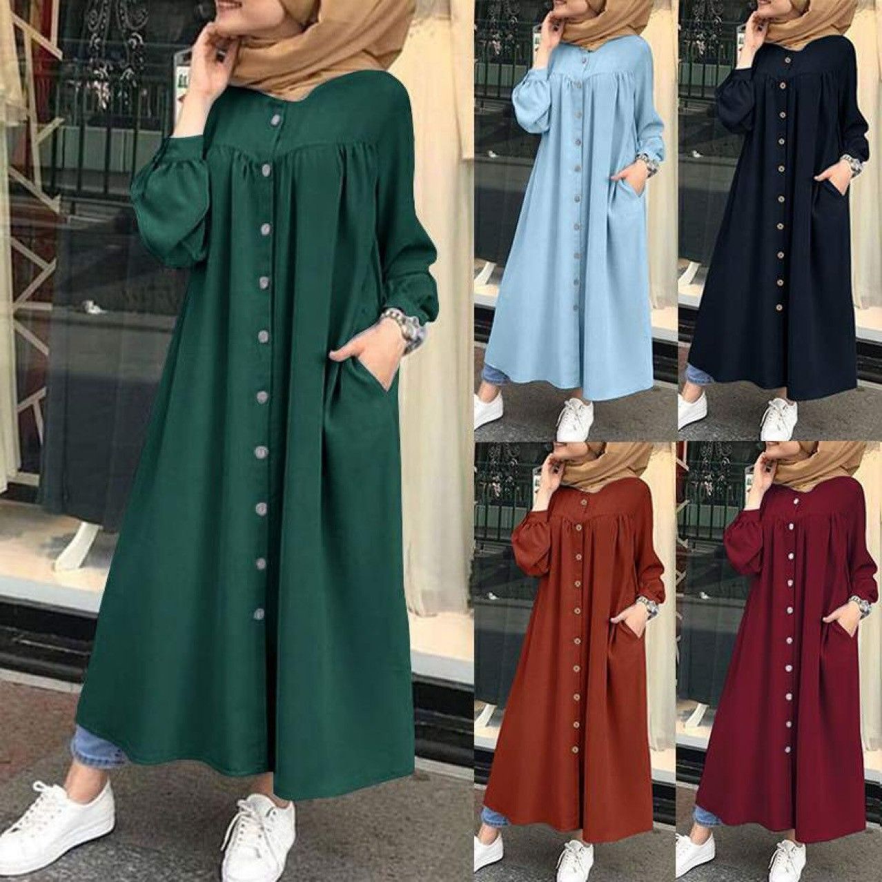 HotSale Summer Products Plus Size Abaya Muslim Dresses Women's Muslim Long Sleeved Shirt Dress Casual Pocket Robe Bandage