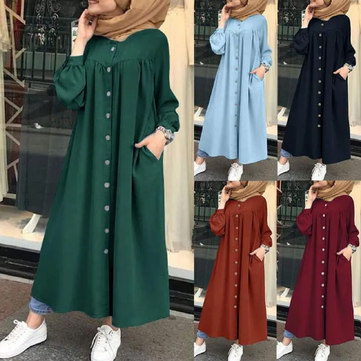 HotSale Summer Products Plus Size Abaya Muslim Dresses Women's Muslim Long Sleeved Shirt Dress Casual Pocket Robe Bandage