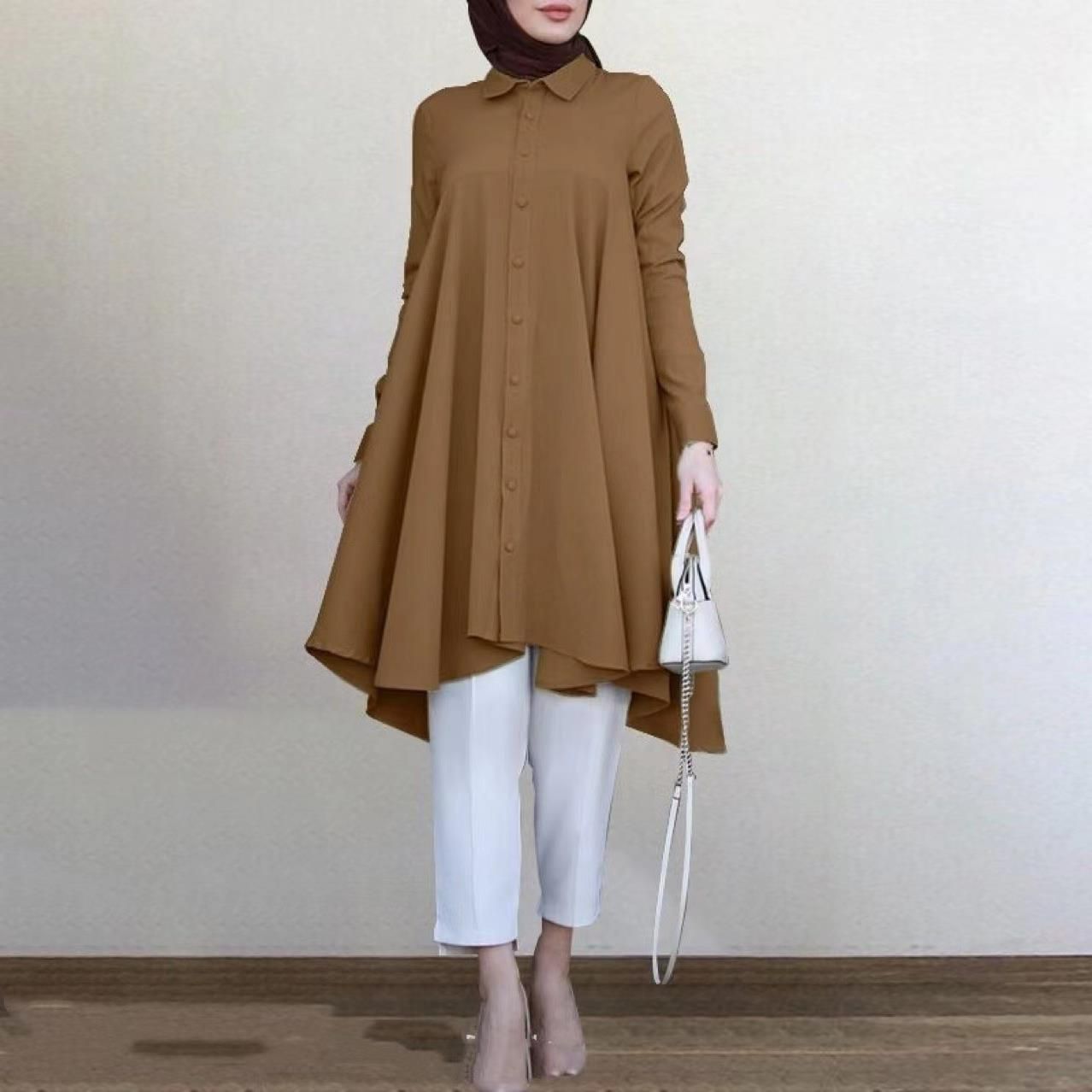 Summer Islamic Abaya Mint Color Women Shirt Swallowtail Curved Hem Long Sleeve Muslim Blouse Ladies Tunic Tops