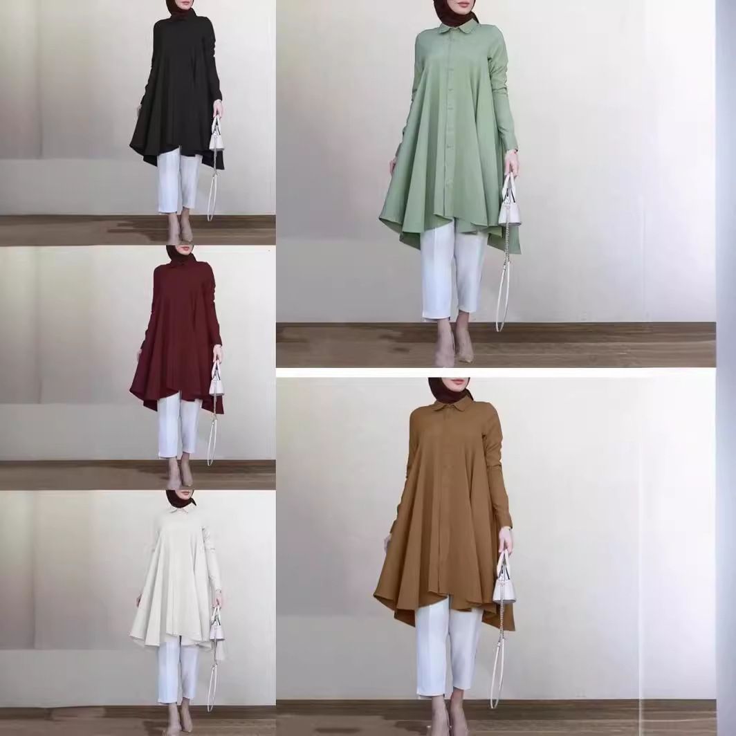 Summer Islamic Abaya Mint Color Women Shirt Swallowtail Curved Hem Long Sleeve Muslim Blouse Ladies Tunic Tops