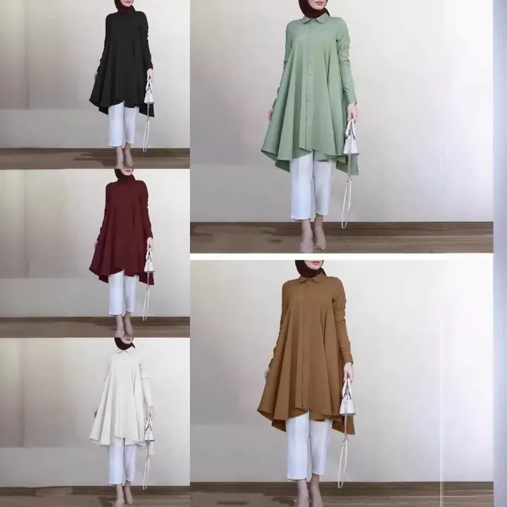 Summer Islamic Abaya Mint Color Women Shirt Swallowtail Curved Hem Long Sleeve Muslim Blouse Ladies Tunic Tops