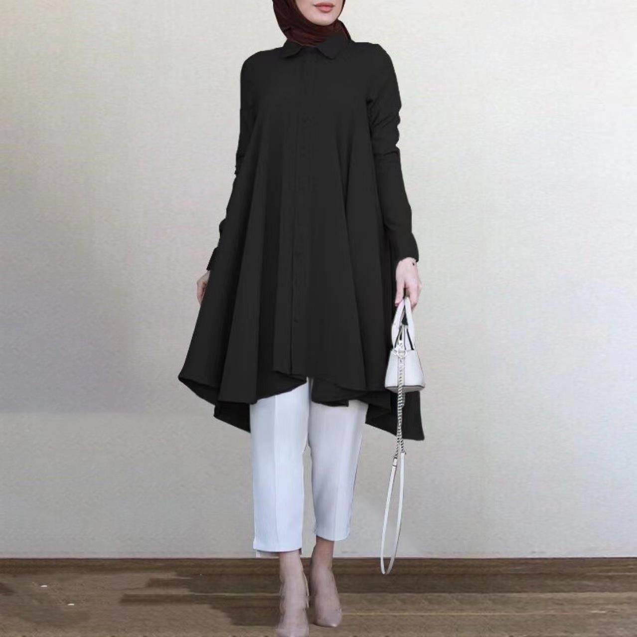 Summer Islamic Abaya Mint Color Women Shirt Swallowtail Curved Hem Long Sleeve Muslim Blouse Ladies Tunic Tops