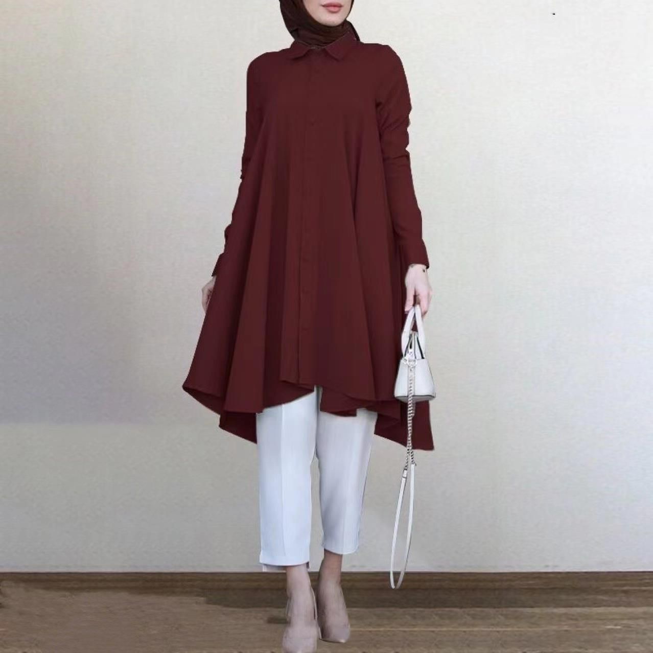 Summer Islamic Abaya Mint Color Women Shirt Swallowtail Curved Hem Long Sleeve Muslim Blouse Ladies Tunic Tops