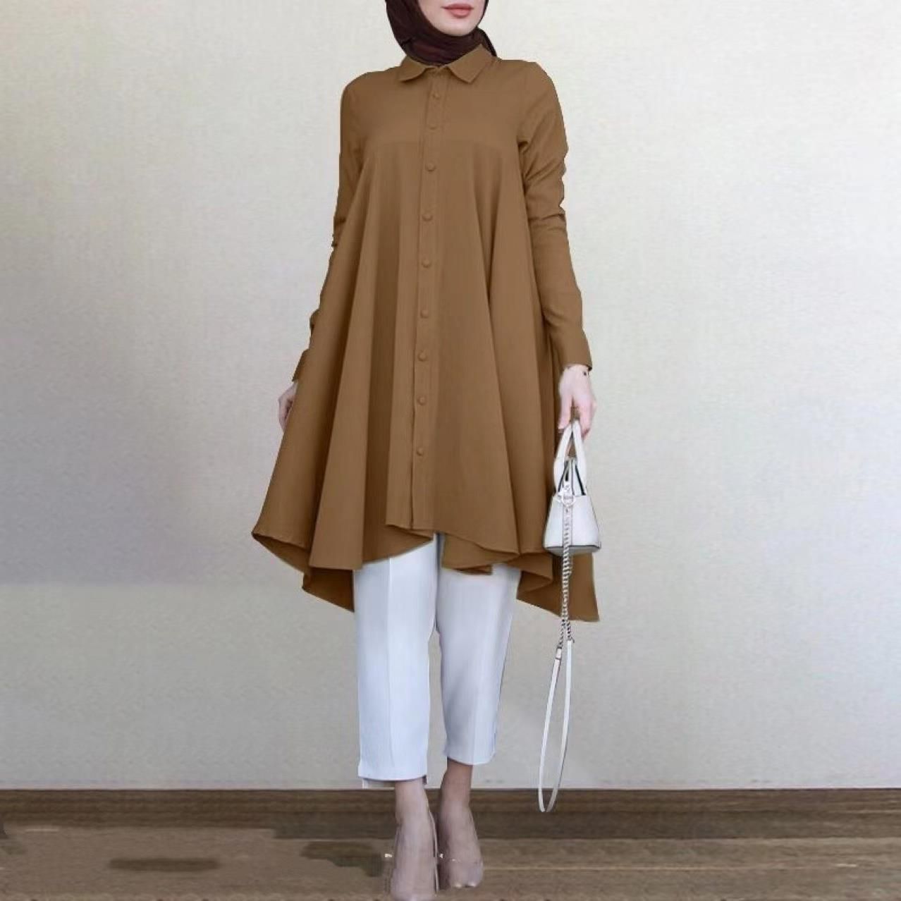 Summer Islamic Abaya Mint Color Women Shirt Swallowtail Curved Hem Long Sleeve Muslim Blouse Ladies Tunic Tops