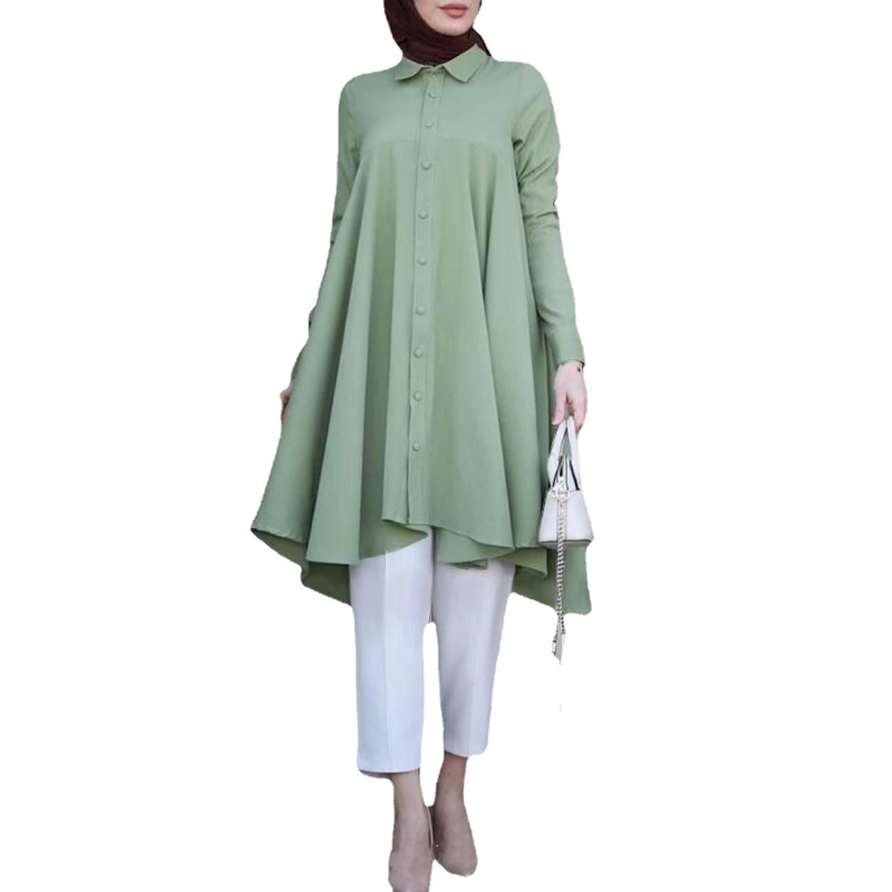 Summer Islamic Abaya Mint Color Women Shirt Swallowtail Curved Hem Long Sleeve Muslim Blouse Ladies Tunic Tops