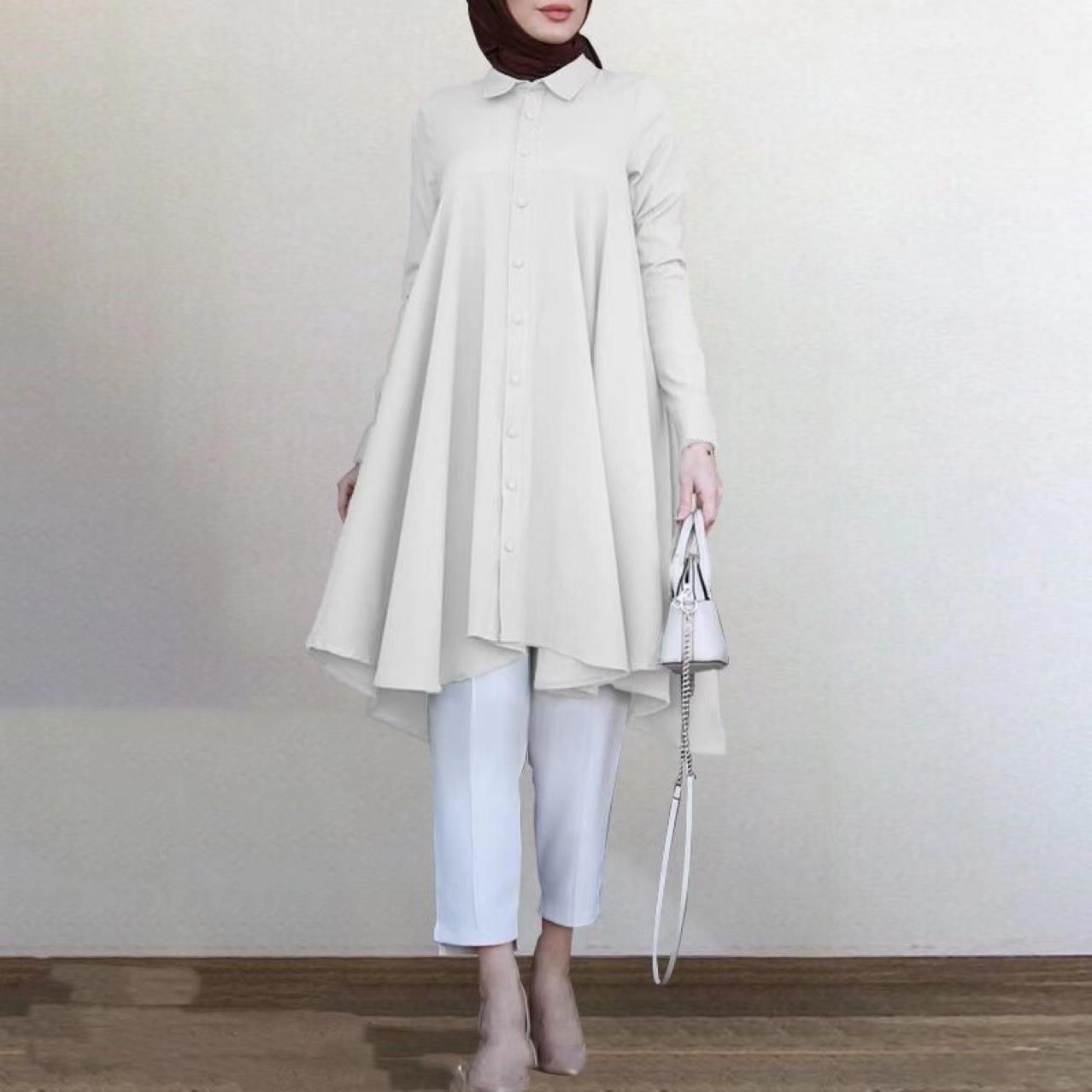 Summer Islamic Abaya Mint Color Women Shirt Swallowtail Curved Hem Long Sleeve Muslim Blouse Ladies Tunic Tops