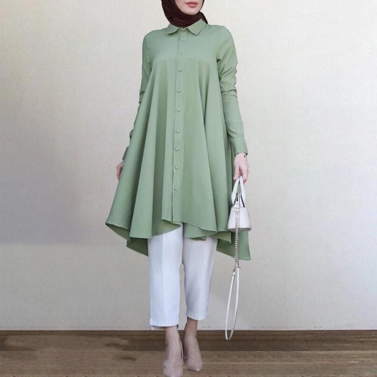 Summer Islamic Abaya Mint Color Women Shirt Swallowtail Curved Hem Long Sleeve Muslim Blouse Ladies Tunic Tops