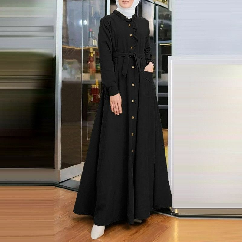 Hot Selling Dubai Muslim Women Solid Color Lace Robes Round Neck Tie Up Slim Long Sleeve Ankle Skirt Dress Abaya