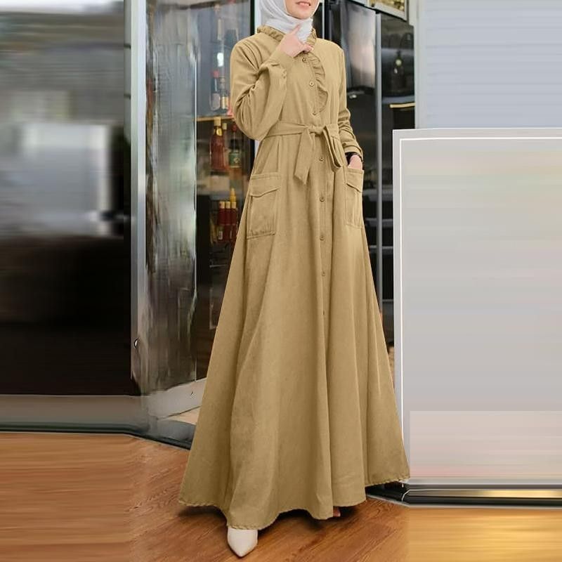 Hot Selling Dubai Muslim Women Solid Color Lace Robes Round Neck Tie Up Slim Long Sleeve Ankle Skirt Dress Abaya