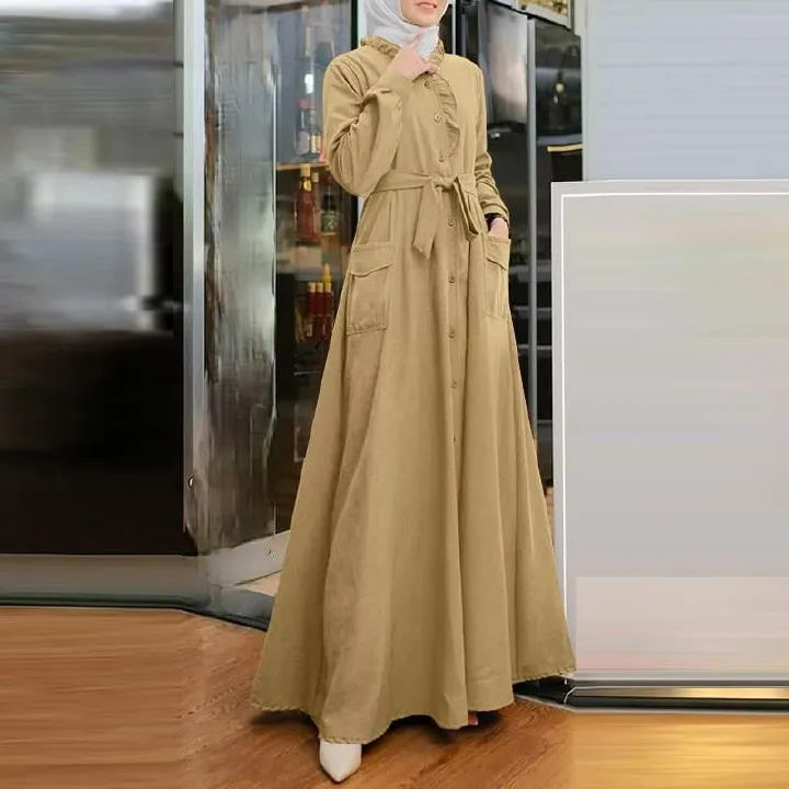 Hot Selling Dubai Muslim Women Solid Color Lace Robes Round Neck Tie Up Slim Long Sleeve Ankle Skirt Dress Abaya