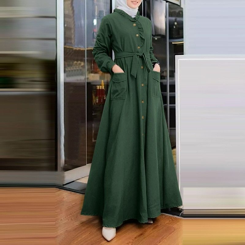 Hot Selling Dubai Muslim Women Solid Color Lace Robes Round Neck Tie Up Slim Long Sleeve Ankle Skirt Dress Abaya