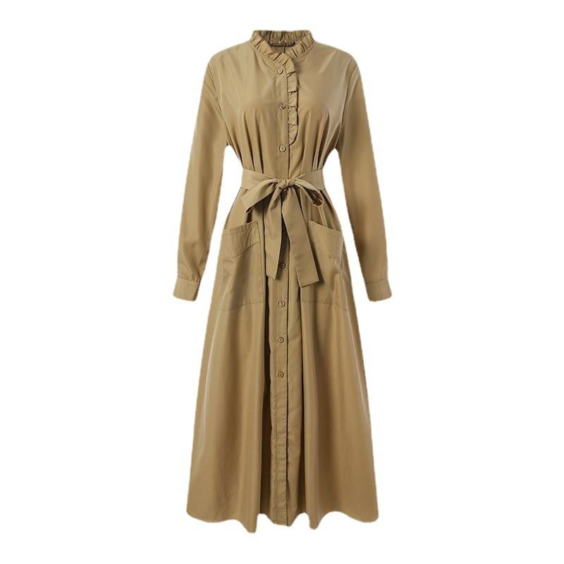 Hot Selling Dubai Muslim Women Solid Color Lace Robes Round Neck Tie Up Slim Long Sleeve Ankle Skirt Dress Abaya