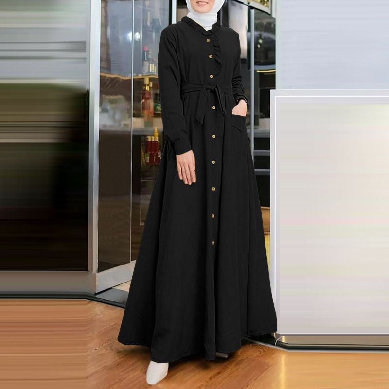 Hot Selling Dubai Muslim Women Solid Color Lace Robes Round Neck Tie Up Slim Long Sleeve Ankle Skirt Dress Abaya