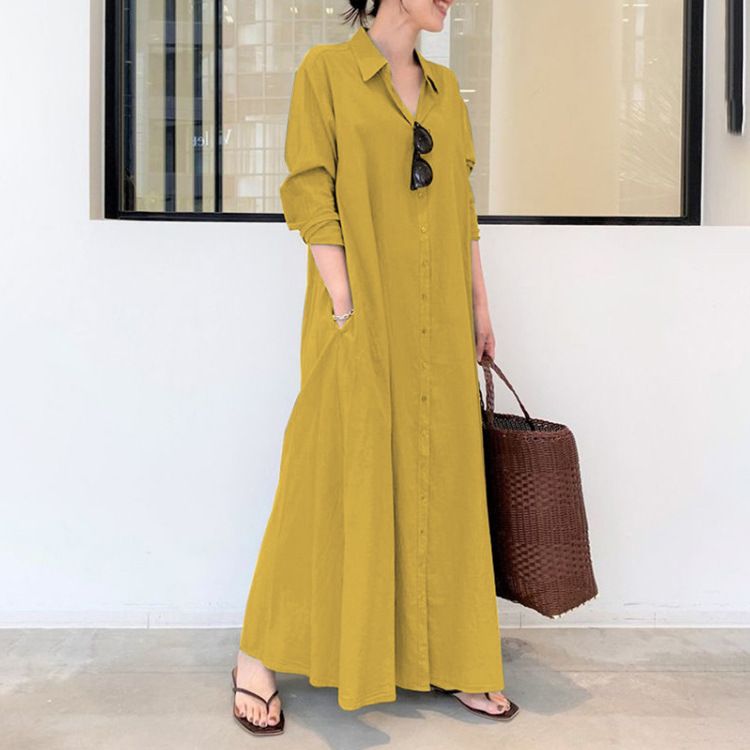 Modest Autumn Ladies Maxi Polo Neck Dresses Oversized Long Sleeve Plus Size Long Shirts Muslim Ankle Casual Dresses For Women