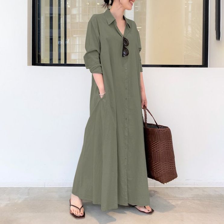 Modest Autumn Ladies Maxi Polo Neck Dresses Oversized Long Sleeve Plus Size Long Shirts Muslim Ankle Casual Dresses For Women