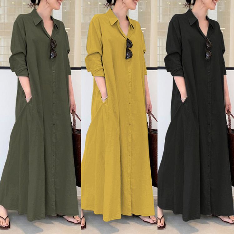 Modest Autumn Ladies Maxi Polo Neck Dresses Oversized Long Sleeve Plus Size Long Shirts Muslim Ankle Casual Dresses For Women