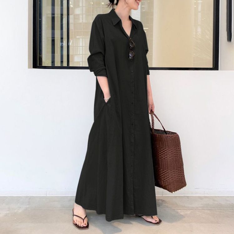Modest Autumn Ladies Maxi Polo Neck Dresses Oversized Long Sleeve Plus Size Long Shirts Muslim Ankle Casual Dresses For Women