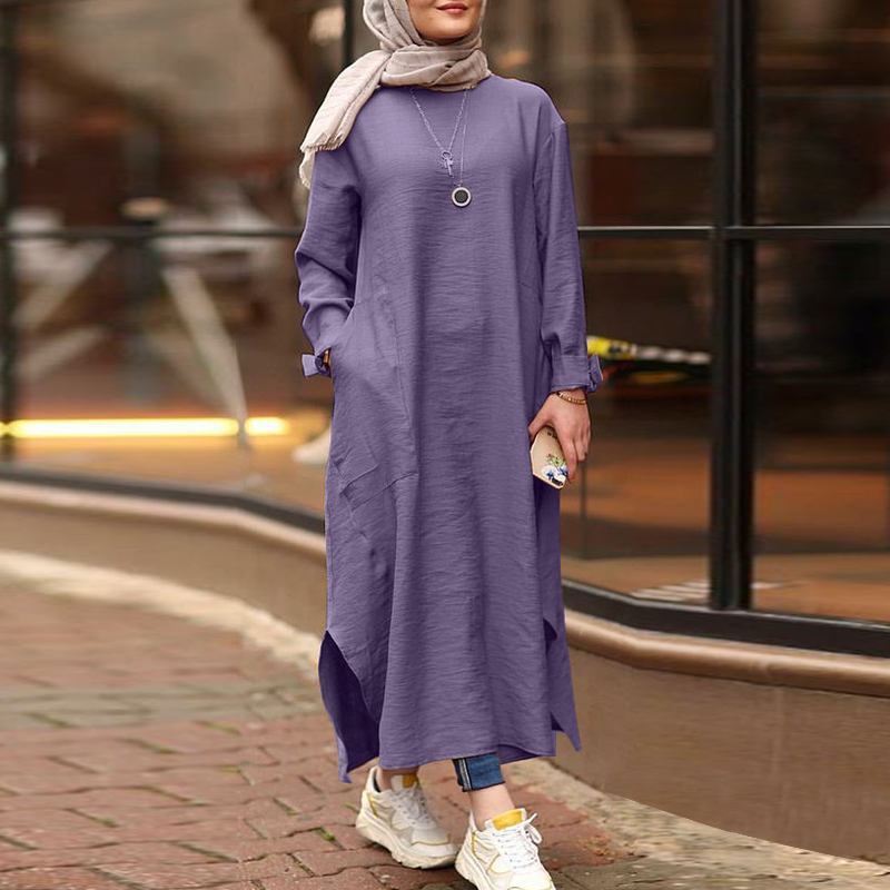 Plus Size S-5XL Kaftan Muslim Dress Women's Loose Islamic Tops Sundress Lady Round Neck Long Sleeve Maxi Arab Abaya Dress