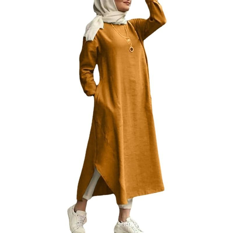 Plus Size S-5XL Kaftan Muslim Dress Women's Loose Islamic Tops Sundress Lady Round Neck Long Sleeve Maxi Arab Abaya Dress