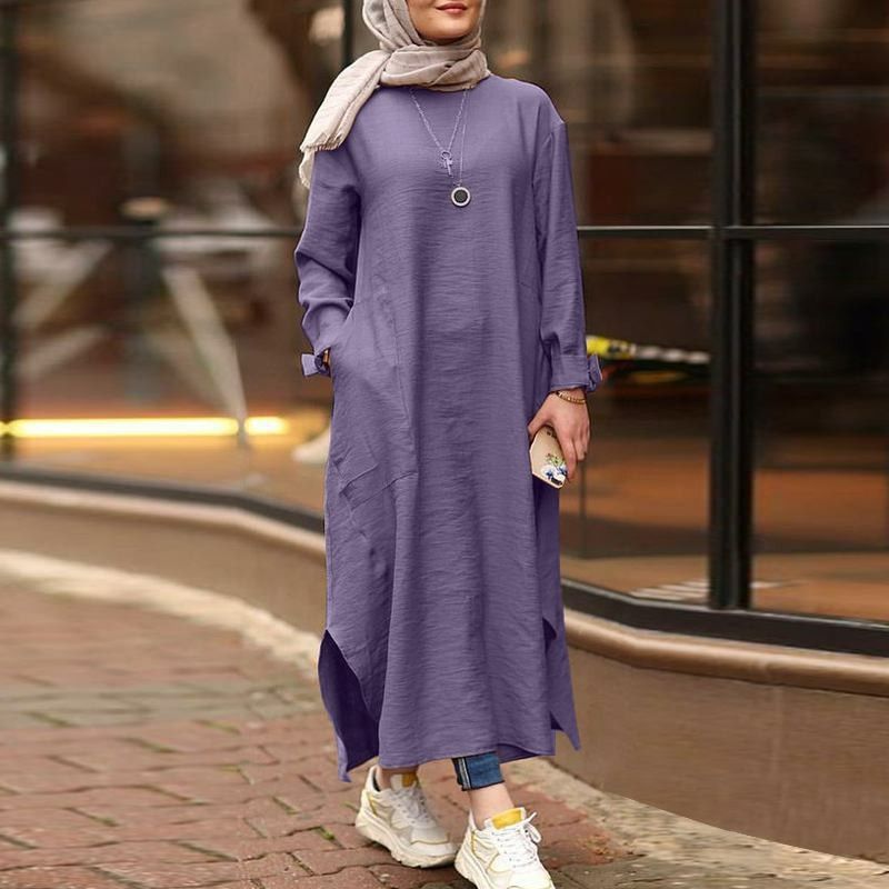 Plus Size S-5XL Kaftan Muslim Dress Women's Loose Islamic Tops Sundress Lady Round Neck Long Sleeve Maxi Arab Abaya Dress