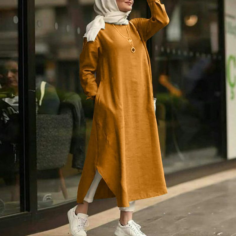 Plus Size S-5XL Kaftan Muslim Dress Women's Loose Islamic Tops Sundress Lady Round Neck Long Sleeve Maxi Arab Abaya Dress
