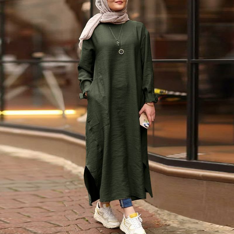 Plus Size S-5XL Kaftan Muslim Dress Women's Loose Islamic Tops Sundress Lady Round Neck Long Sleeve Maxi Arab Abaya Dress