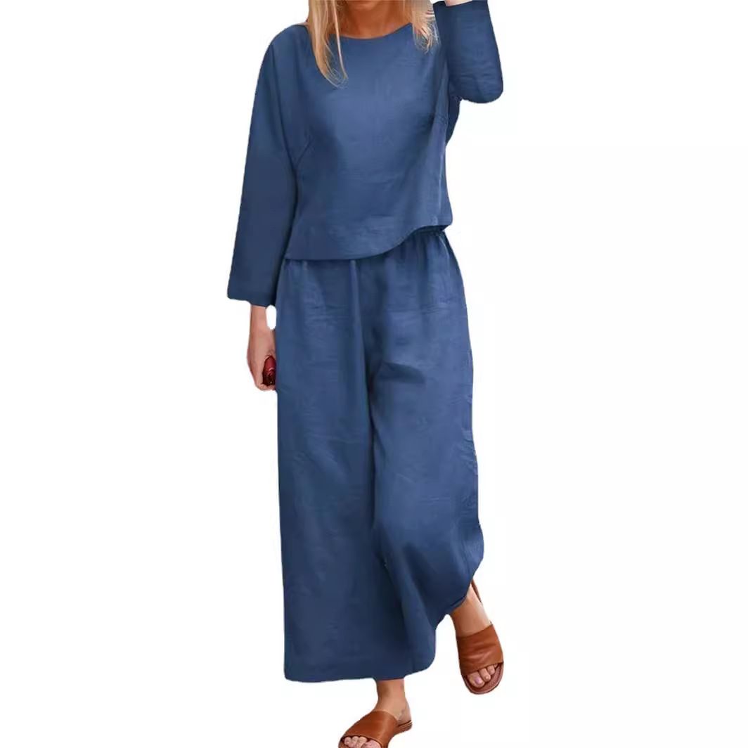 Women Solid Casual Two Piece Set Spring Summer Cardigan Shirt Wide Leg Pants Suit For Ladies Cotton Linen Matching Outfit