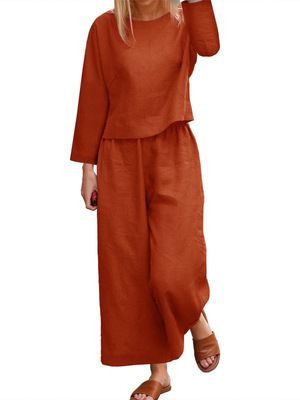 Women Solid Casual Two Piece Set Spring Summer Cardigan Shirt Wide Leg Pants Suit For Ladies Cotton Linen Matching Outfit